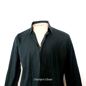 Express Men 1MX Button Up Shirt XL Black Fitted‎ Stretch Minimalist Euro Casual
